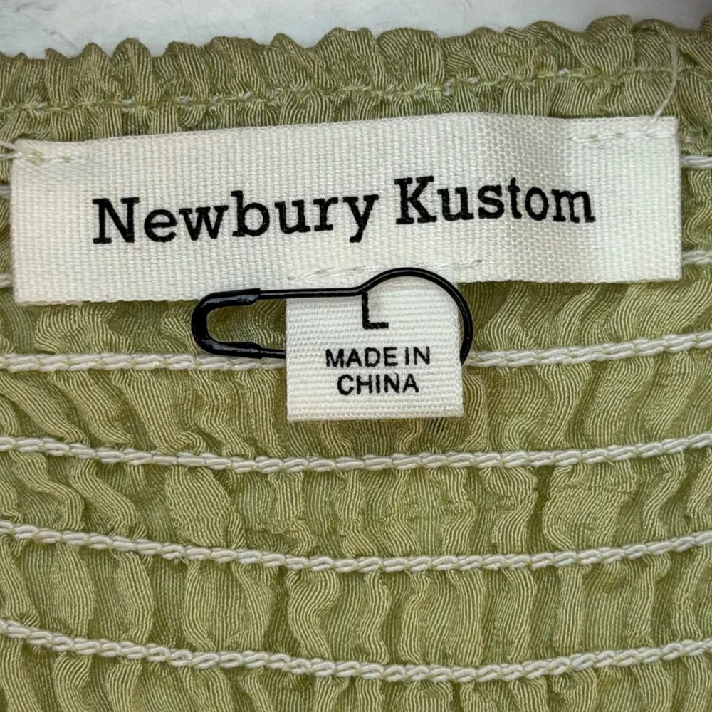 Newbury Kustom Green Smocked Peplum Top Lantern Sleeve‎ Boho Babydoll Womens Lg